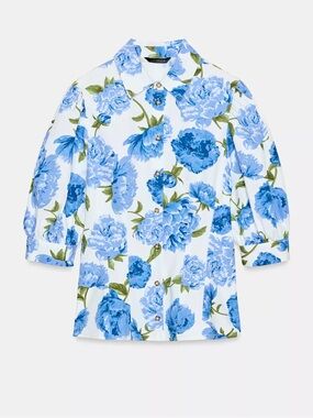 Zara White Button-Up Blouse with Blue Floral Print